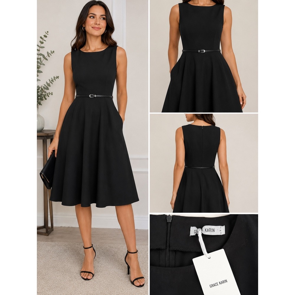 Grace Karin Black A-Line Sleeveless Cocktail Dress with Belt NWT Size L